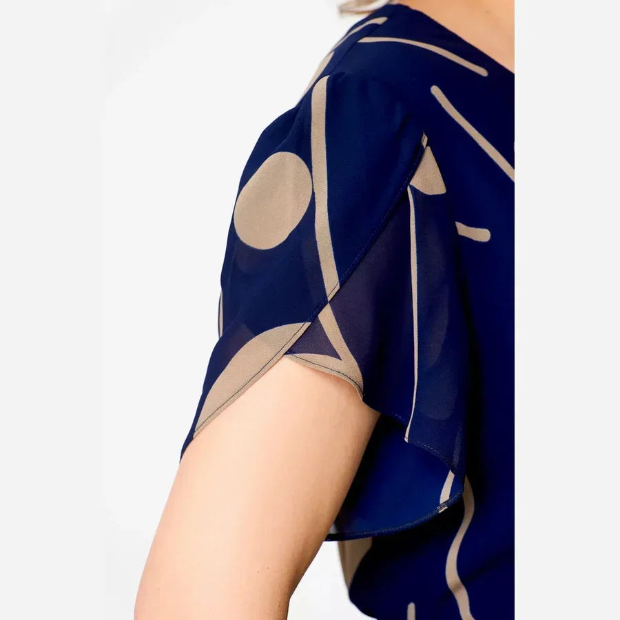 Angela | NAVY POLKA DOT PRINT CHIFFON MIDI DRESS