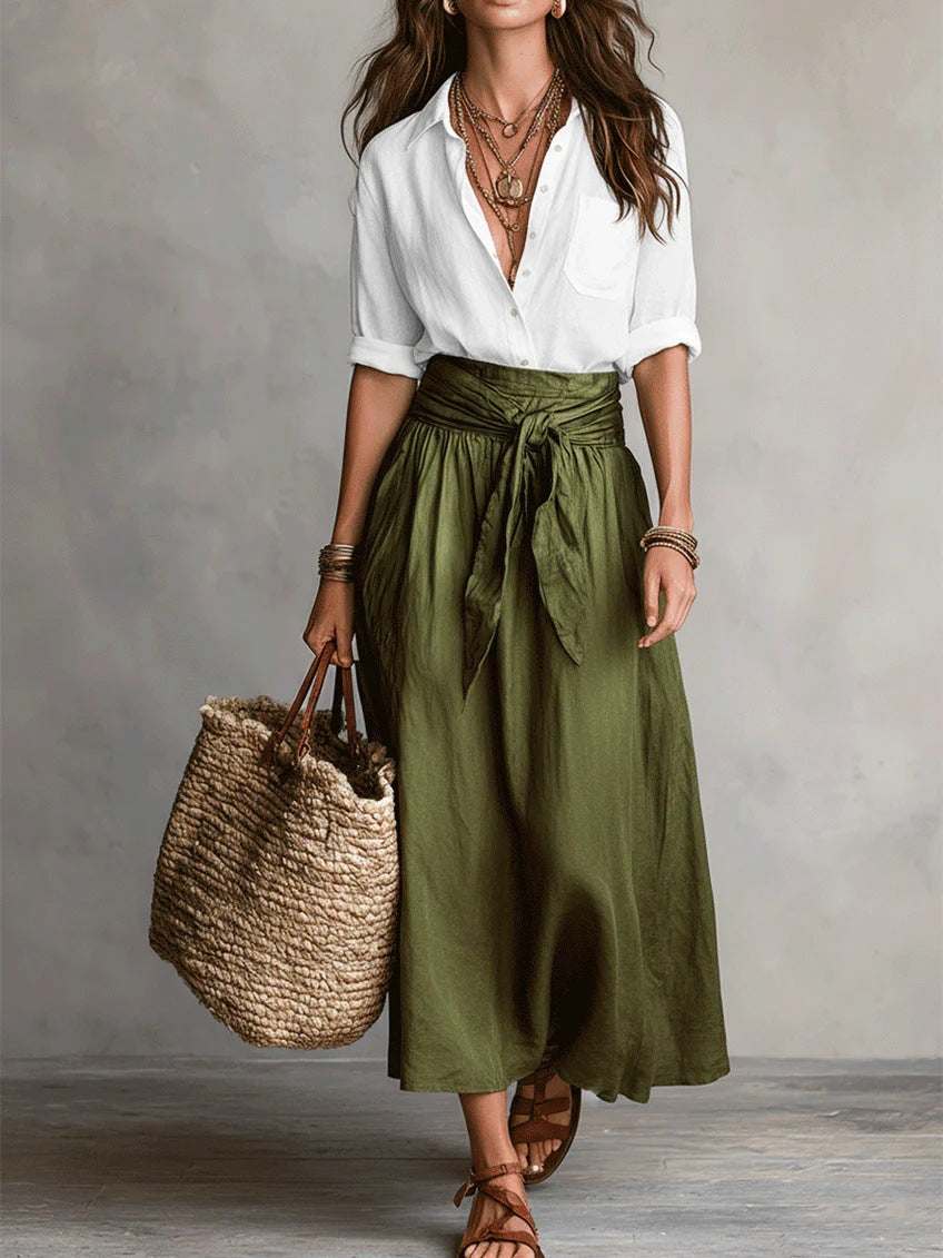 River™ | Two-Piece Set: Black Top and Olive Green Midi Skirt