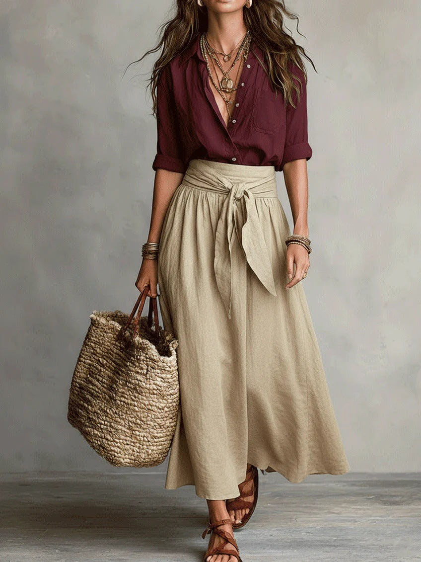 River™ | Two-Piece Set: Black Top and Olive Green Midi Skirt