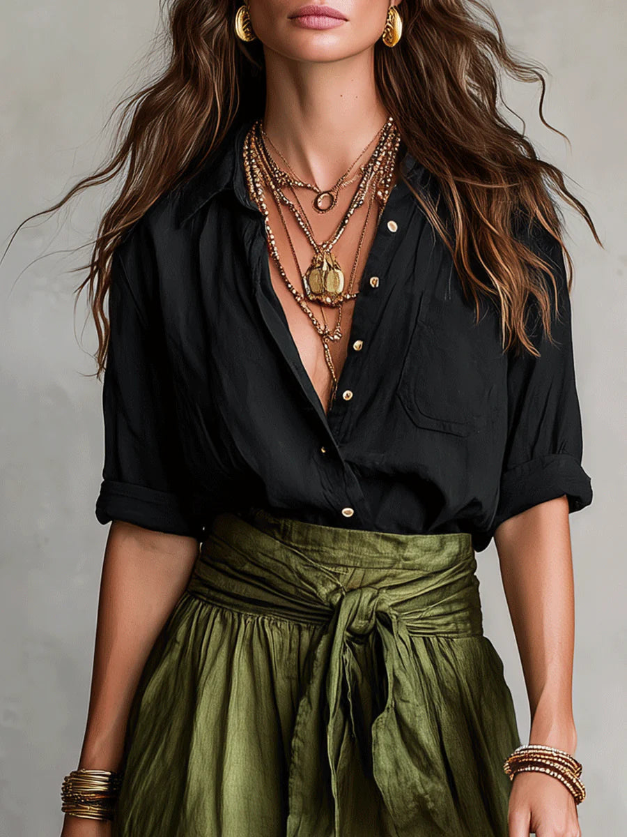 River™ | Two-Piece Set: Black Top and Olive Green Midi Skirt