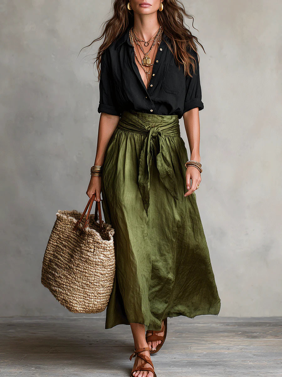 River™ | Two-Piece Set: Black Top and Olive Green Midi Skirt
