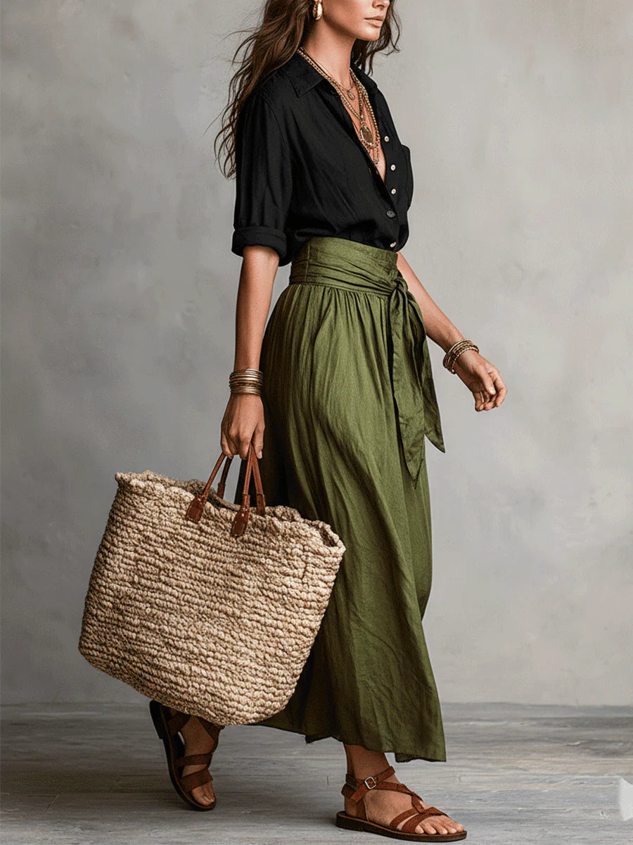 River™ | Two-Piece Set: Black Top and Olive Green Midi Skirt