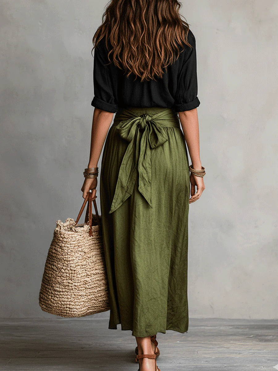 River™ | Two-Piece Set: Black Top and Olive Green Midi Skirt
